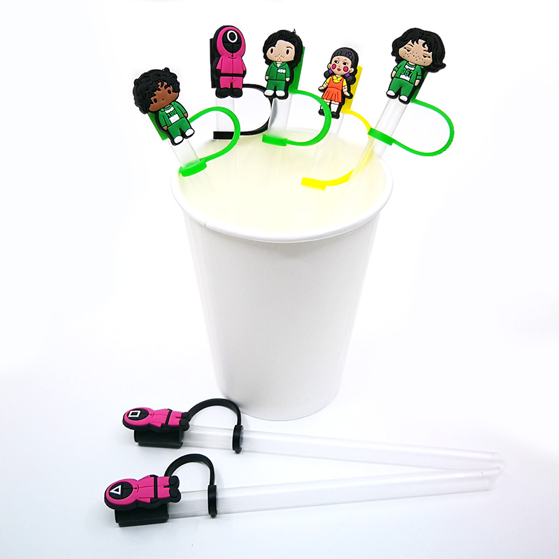 8PCS PVC 게임 캐릭터 짚 토퍼 재사용 가능한 봉인 방지 유출 짚 커버 음료 먼지 캡 크리 에이 티브 유리 장식